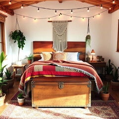 Cozy Bohemian Bedroom with Plants and Warm Decor