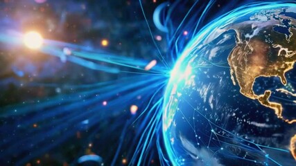 close-up rotating globe, cities lighting up as signals transmitted via optical fibers. network glowing optical fibers planets and stars, vastness universe, 4k High-Quality background Animation Video