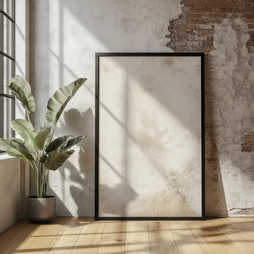 A rustic wall with peeling paint and a potted plant, bathed in sunlight, embodies a minimalist natural aesthetic in an urban setting.