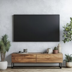 A modern living room showcasing a large black screen on a wall, contrasted by wooden furniture and abundant greenery.
