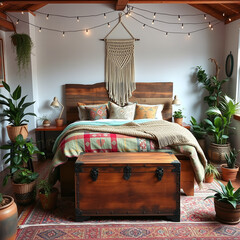 Cozy Bohemian Bedroom with Plants and Warm Decor