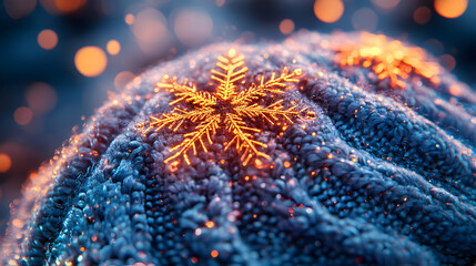 3D Close-Up of a Futuristic Winter Hat with Glowing Holographic Snowflakes - Intricate Macro Shot on White Background