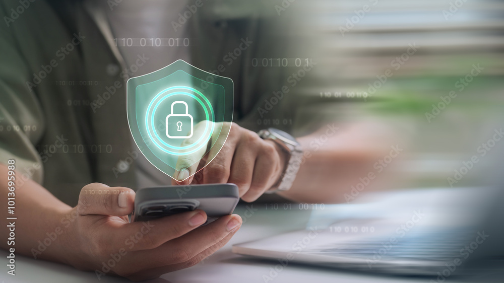 Leinwandbilder cybersecurity and digital data protection, close-up of a person using a smartphone with a digital sh