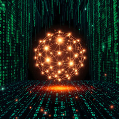 A glowing sphere with interconnected nodes and lines, representing a futuristic digital network with binary code and cyber elements, highlighting advanced technology and connectivity
