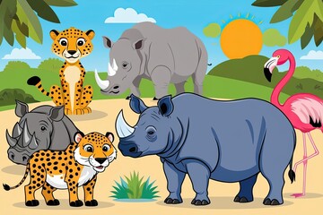 Fototapeta premium Playful Cartoon Illustrations of African Wildlife for Kids Featuring Cheetah Warthog Rhino Flamingo and Hyena