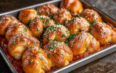 A tray of golden-brown garlic knots topped with herbs and cheese, served in marinara sauce, perfect for sharing.