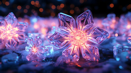 Fototapeta premium 3D Glowing Ice Sculptures in a Neon-Lit Digital Winter Park: Abstract Festive Scene with Futuristic Snowflakes for Holiday Advertisements