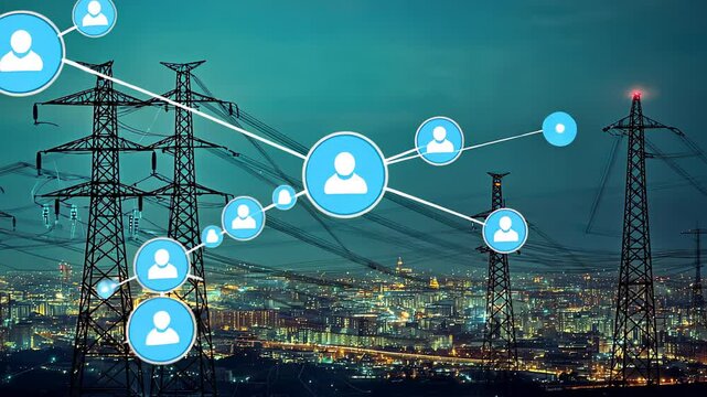 Electricity transmission towers with orange glowing wires the starry night sky. Energy infrastructure concept, energy, electricity, voltage, supply
