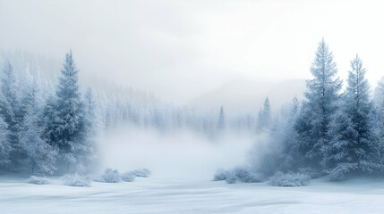 3D Plain Snowy Forest with Rising Mist and Ample Copy Space � Atmospheric Winter Background in Wide Angle Shot