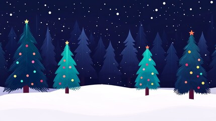 Christmas Trees in Snowy Forest Night