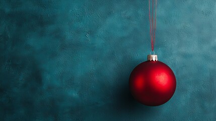 Red Christmas Ornament Hanging on Teal Background