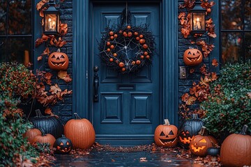 Obraz premium Halloween decorations on the front door of a house with pumpkins
