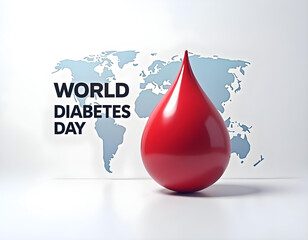 Obraz premium World Diabetes Day Awareness Design with Red Blood Drop and Blue World Map