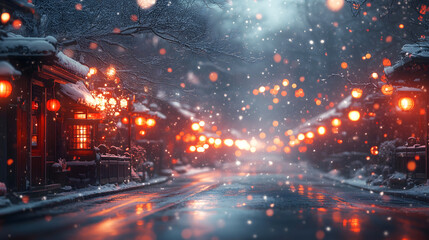 Fototapeta premium Serene Street with Softly Glowing Lanterns at Night