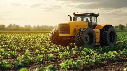 Fototapeta premium Yellow tractor working in a lush green field under a bright sun.