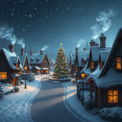 A cozy village scene with snow-covered rooftops, a decorated Christmas tree, and glowing lights under a starry sky, capturing the warmth and charm of the holiday season.