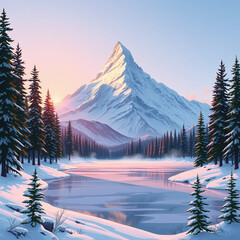 A breathtaking winter landscape featuring snow-capped peaks, pine trees, and a frozen lake reflecting the vibrant colors of a sunset, creating a tranquil and picturesque scene