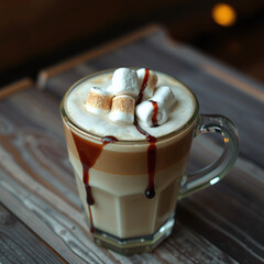 Toasted Marshmallow Latte with Caramel Drizzle on Wooden Table