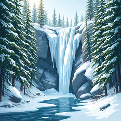 Frozen Waterfall in a Snowy Pine Forest Landscape