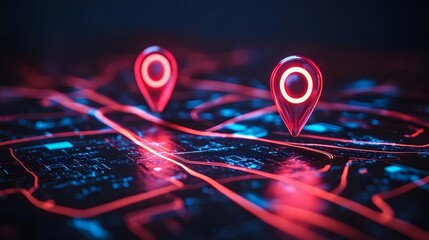 Digital map with two pins, showcasing AI technology in GPS, innovation in delivery services, and map location for future transport logistics