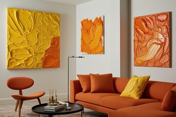Intimate Perspective on Dynamic Abstract Yellow and Orange Textured Canvas Art Pieces with Thick Oil Application