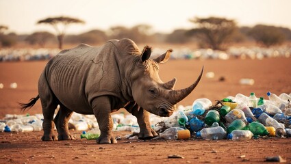 Rhino Struggling in Plastic Waste Environment