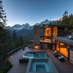 Modern luxury mountain home with stunning evening views, infinity pool, and serene forest backdrop. Perfect for a tranquil vacation retreat or high-end real estate investment

