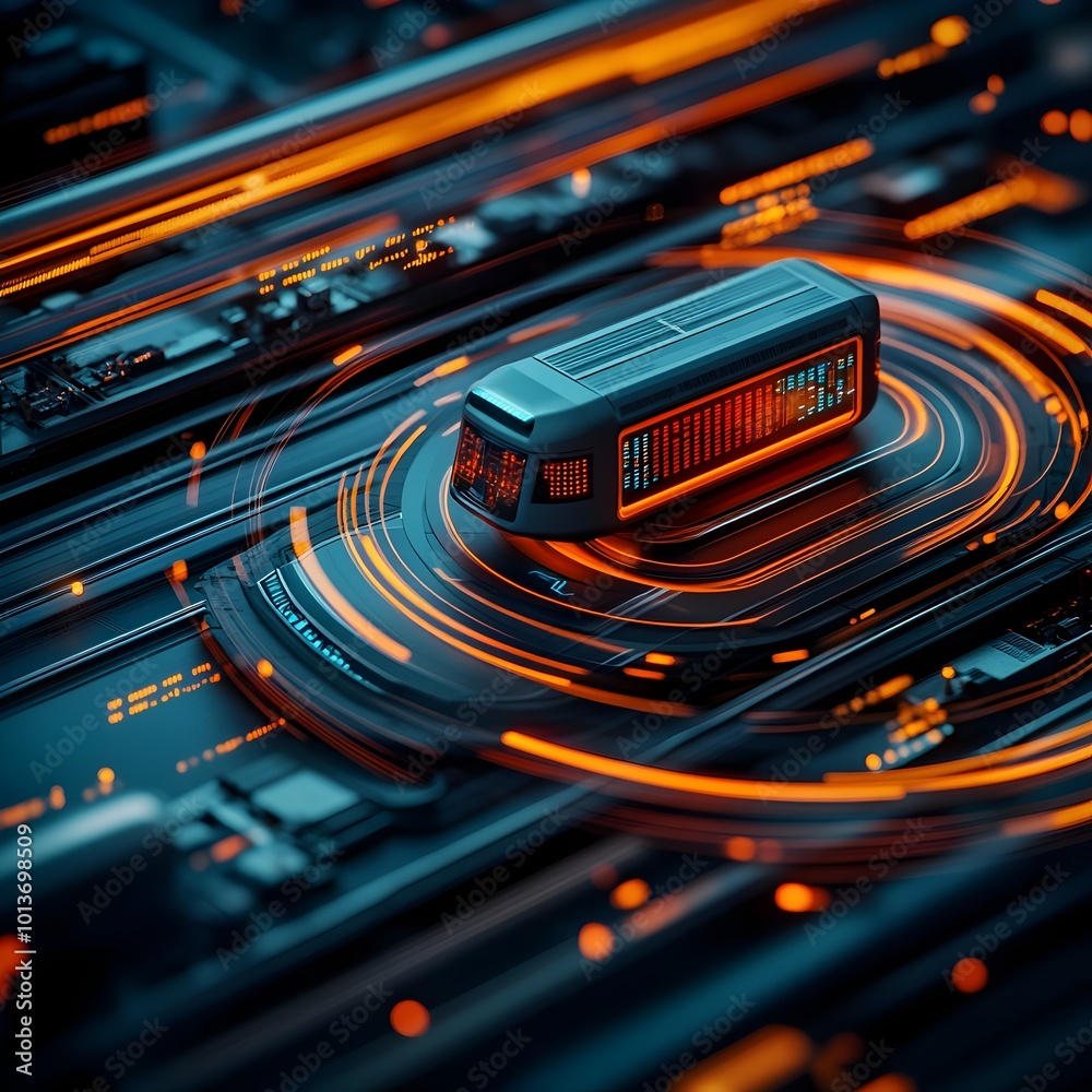 Poster experimental abstract image depicting the bustling rhythm of a futuristic smart transit nexus with l