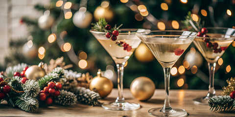 Glasses of cocktails with Christmas decoration on bokeh lights background