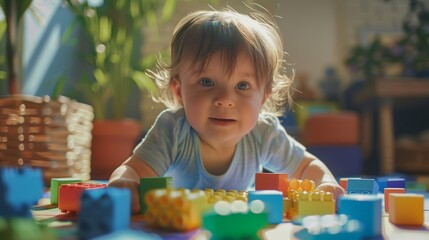 A baby is playing with a pile of colorful blocks