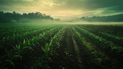Foggy Cornfield Path at Dawn