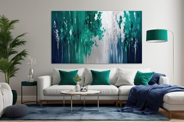 Vibrant Colorful Home Decor Painting in Emerald Silver and Navy Tones