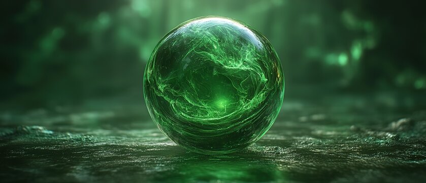 A glowing green orb sits on a dark green surface.