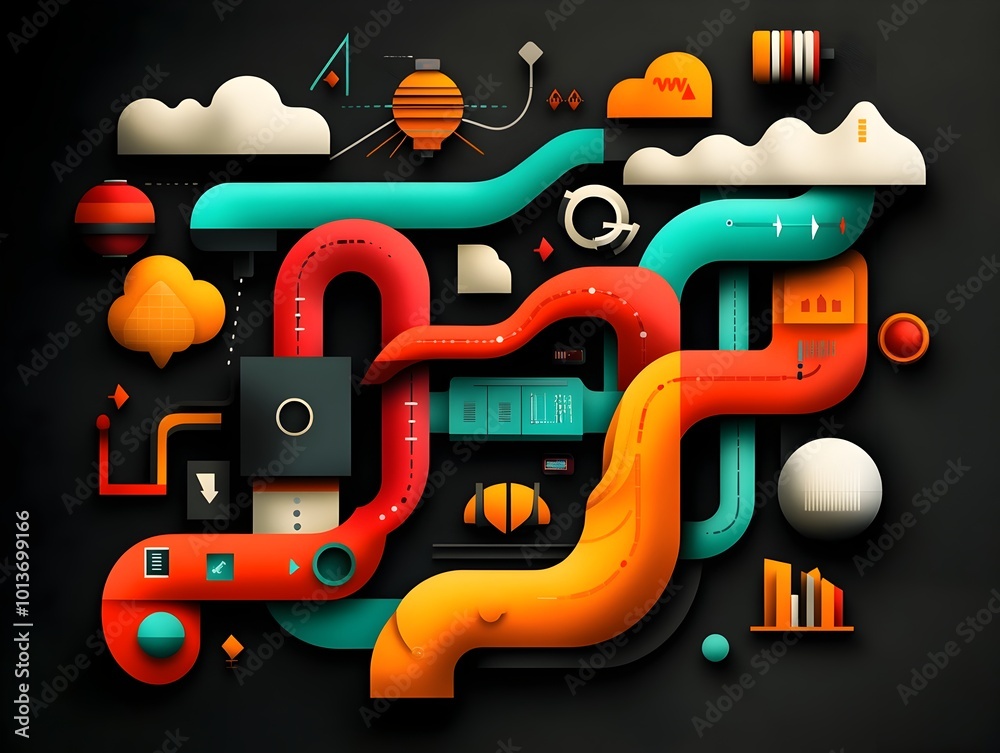 Poster vibrant abstract expressionist depicting a complex and interconnected smart transportation network w