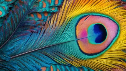 Obraz premium A close-up shot of a colorful peacock feather, showing the intricate details of the eye and the texture of the feathers.