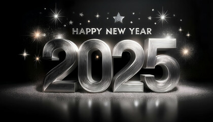 bold "Happy New Year 2025" banner with shiny, silver metallic text on a sleek black background. Stars twinkle softly in the background, giving the design a luxurious and festive feel
