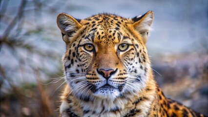 A close-up portrait of a leopard with a blurred background, staring directly at the camera.