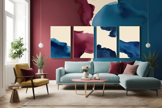 Vibrant Abstract Watercolor Art in Azure Ruby and Cream for Interior Design