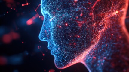 Abstract digital human face with glowing lines and dots, representing artificial intelligence, technology, and the future.