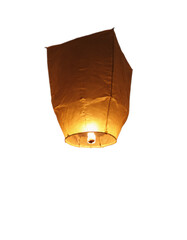 Illuminated paper lantern floating in the dark sky, commonly associated with celebrations like Loy Krathong and Yi Peng in Thailand. The transparent background makes it perfect for design projects.


