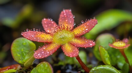 A close-up shot of a single red and yellow flower with dew drops on its petals.
