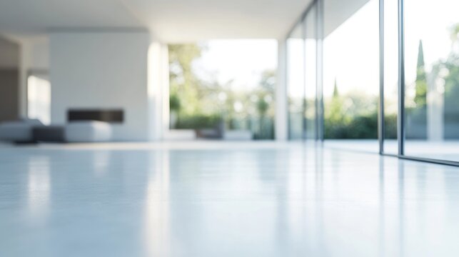 Modern interior space with large glass windows and a view of greenery outside.