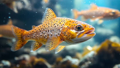 Fototapeta premium Close-up underwater shot of a vibrant speckled trout swimming in its natural habitat, showcasing its detailed scales and lively movement, ideal for nature and wildlife photography.