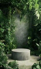 26. An inviting scene featuring a sturdy concrete podium in a tropical environment, framed by a lush green wall of plants and trees, providing a unique and vibrant setting for product display