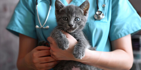 A pet owner cradling their injured grey kitten in their arms while a vet provides reassurance and treatment, showcasing the emotional bond between humans and animals.