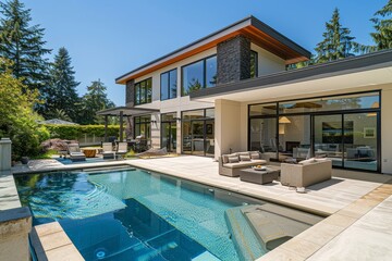 Fototapeta premium High-end modern home in Pacific Northwest with large windows, elegant pool area, and concrete patio on a sunny day.