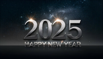  modern "Happy New Year 2025" card with sleek silver lettering on a dark background, with stars twinkling softly in the distance. The design combines minimalism with a festive, celebratory mood