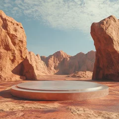 Empty stage in the desert, 3d render. Computer digital drawing.
