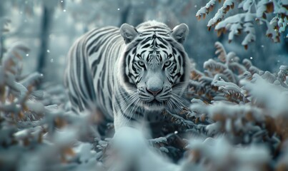 Majestic white tiger prowling through a snowy forest, 4K hyperrealistic photo.