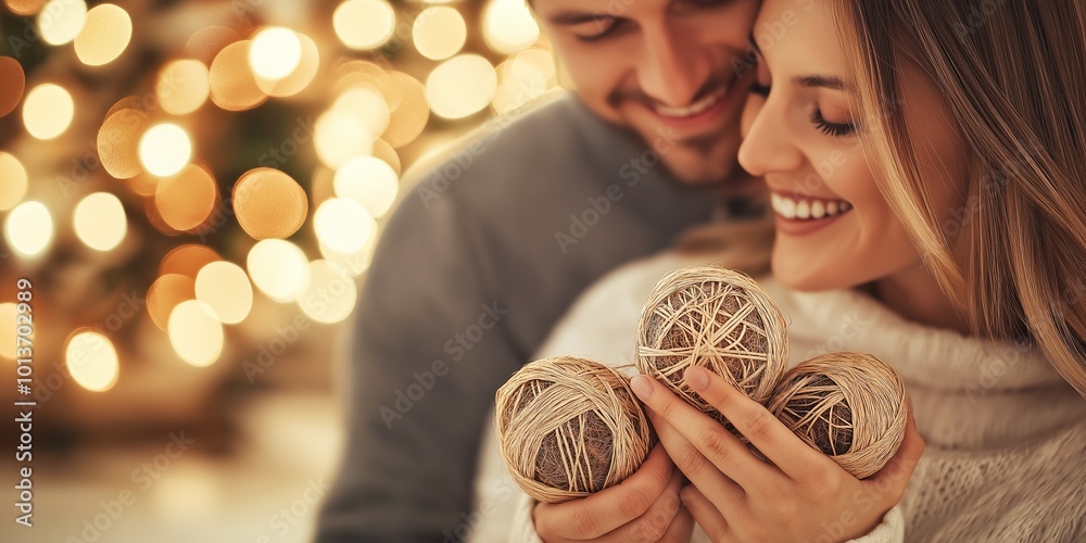 Wall mural A happy couple holding eco-friendly Christmas ornaments made of natural materials, smiling and enjoying the festive atmosphere with holiday lights in the background, selective focus

